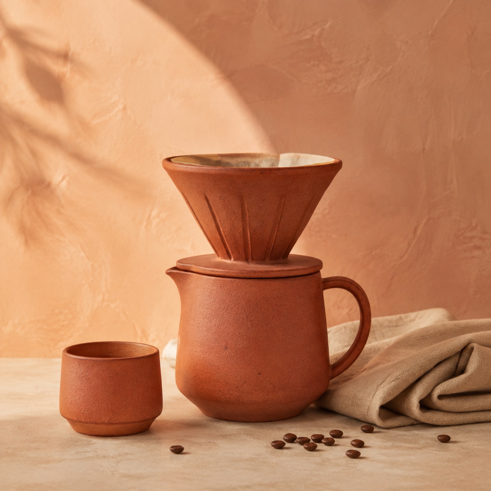 Terracotta pour-over coffee set with a small cup and natural linen